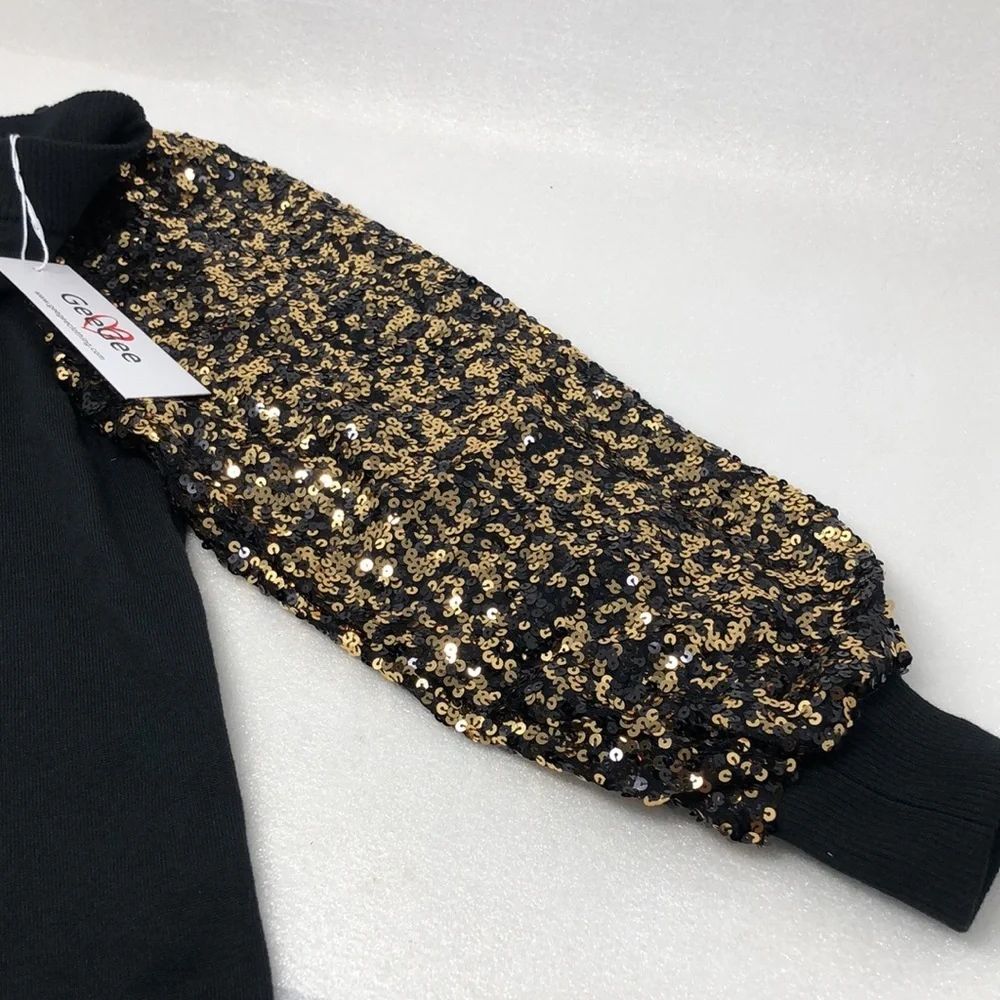 NEW GeeGee Sweater Black Gold Sequins Bubble Puff Sleeves Size Small
